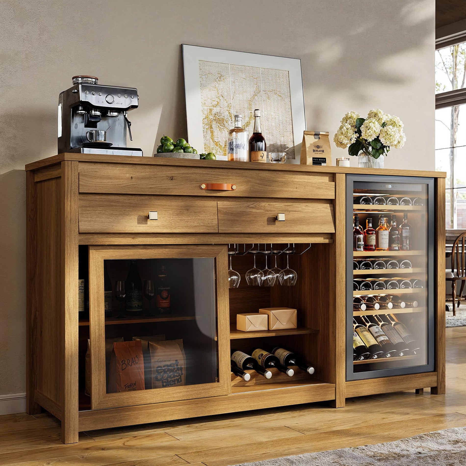Coffee Bar Cabinet with Fridge Space, Wine Rack & Storage