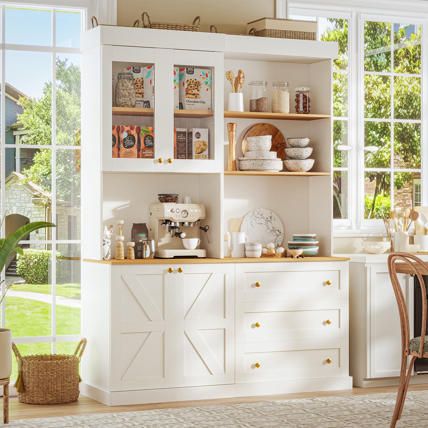 Farmhouse Pantry Cabinet with Glass Doors