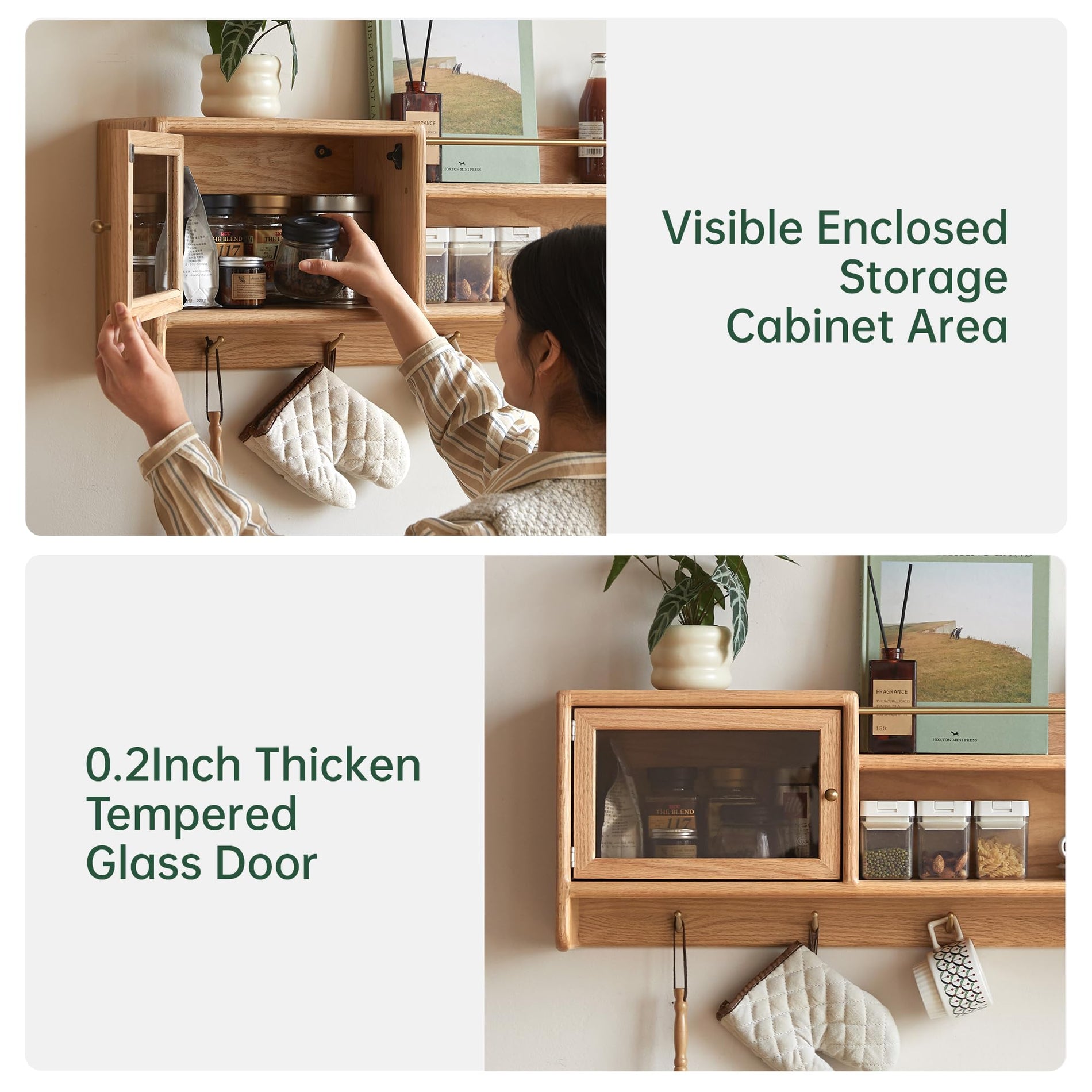 Solid Wood Wall Cabinet with Glass Doors & Hooks