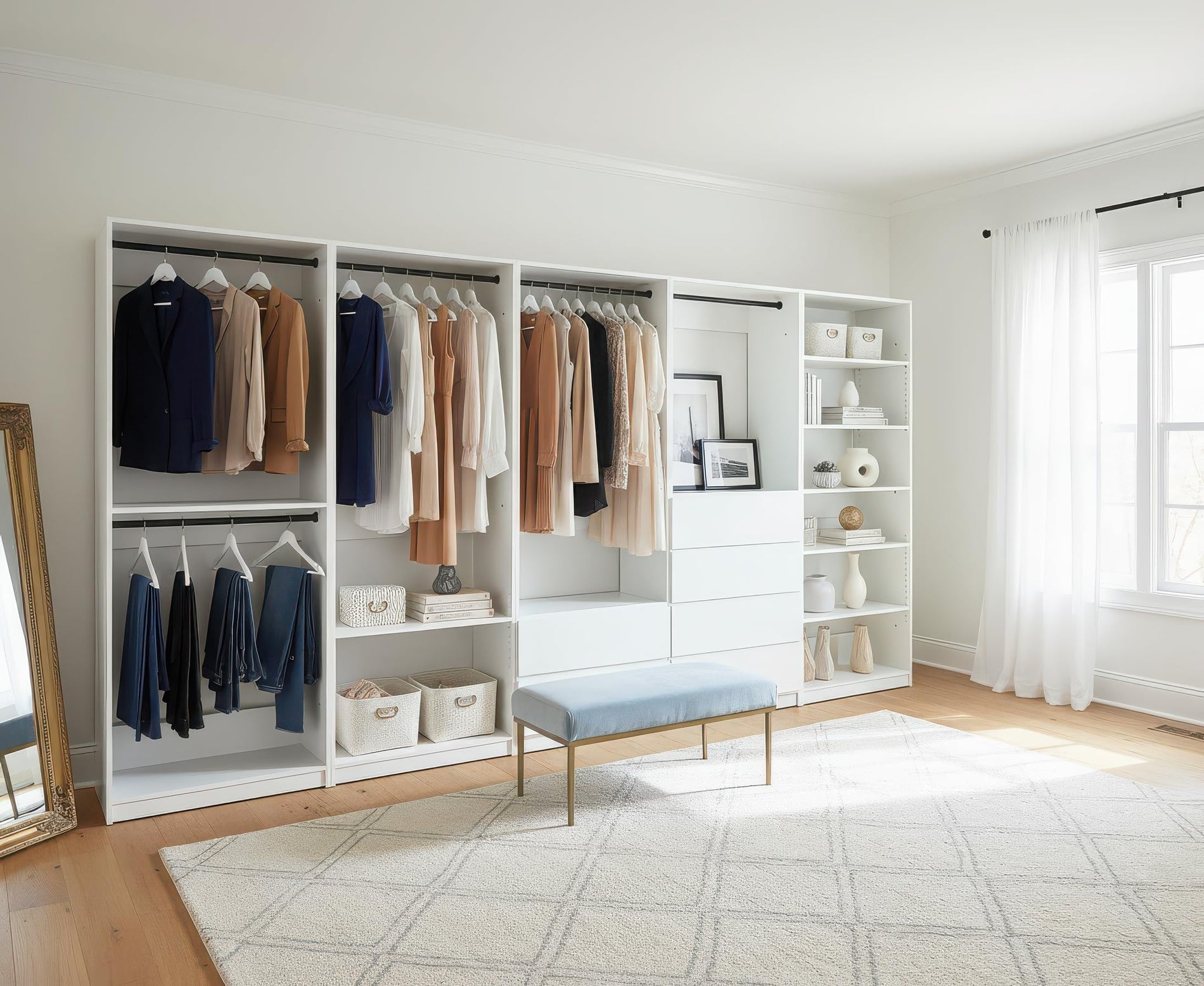 Freestanding Closet System with Shelves & Hanging Rods
