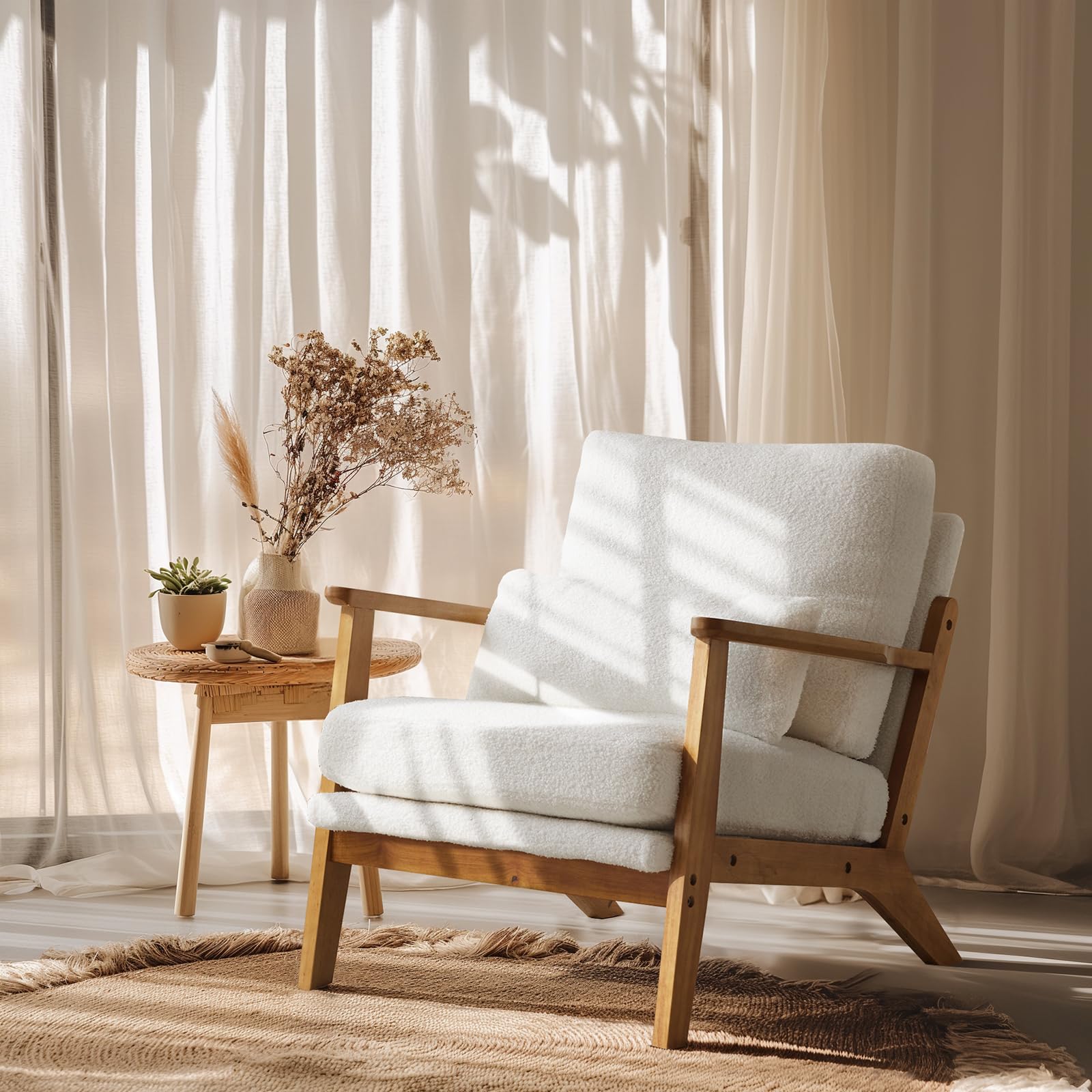 Mid-Century Accent Chair with Solid Wood Armrests