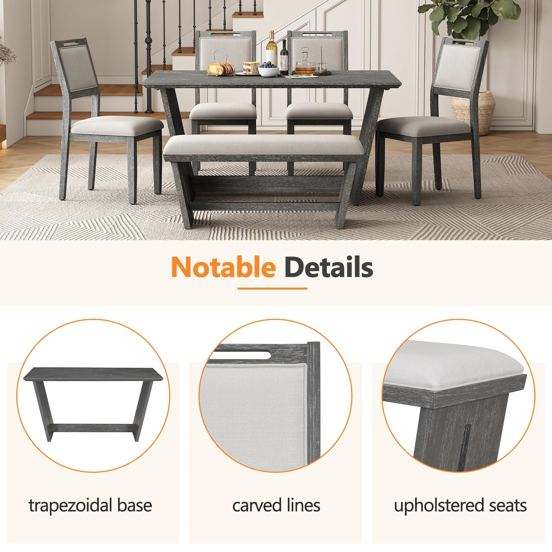 6-Piece Dining Table Set with 4 Chairs & Bench