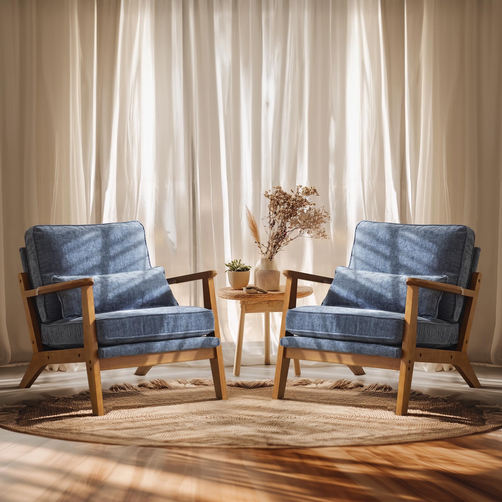 Mid-Century Accent Chair with Solid Wood Armrests