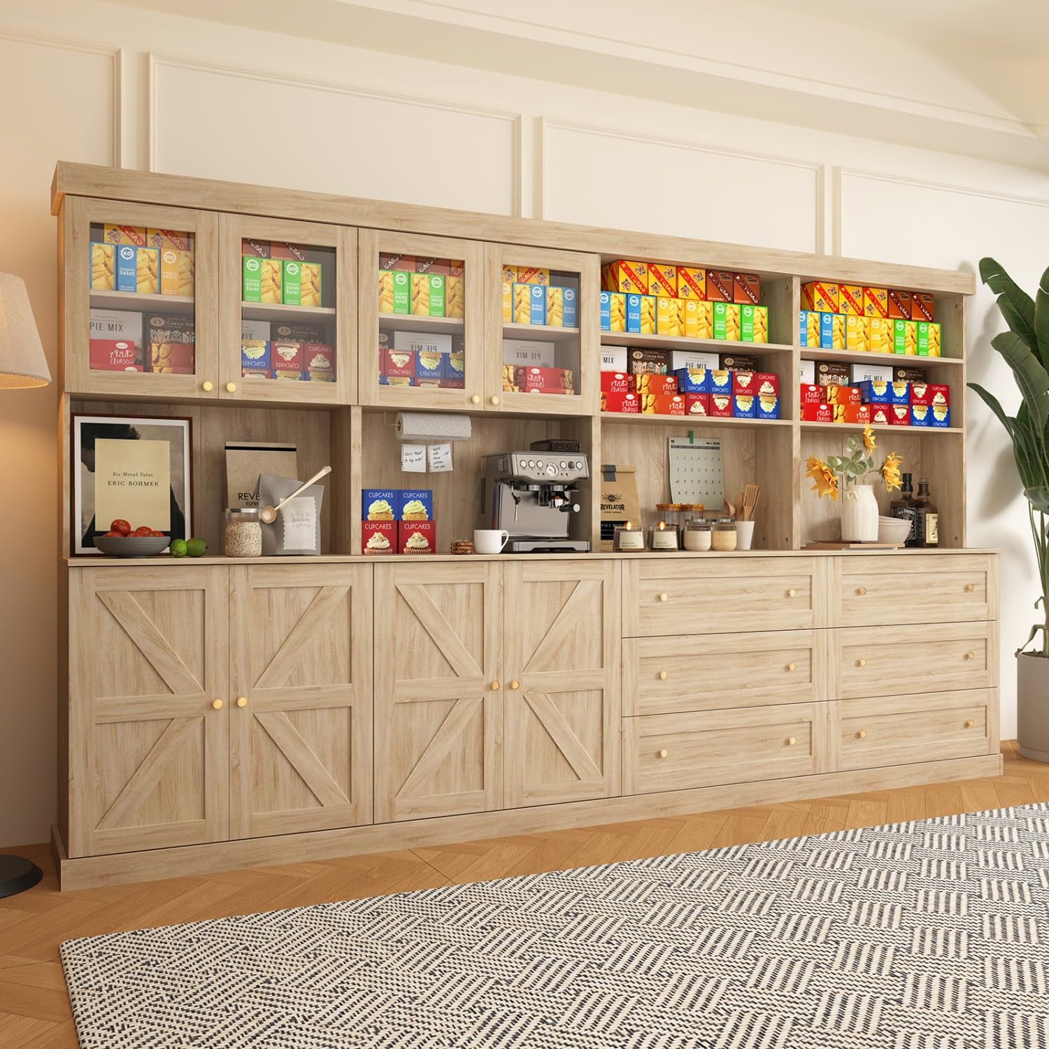 Farmhouse Pantry Cabinet with Glass Doors