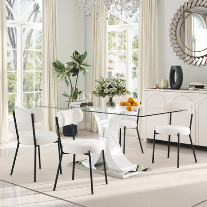 Glass Dining Table Set with Bouclé Chairs & Bench
