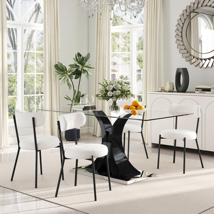 Glass Dining Table Set with Bouclé Chairs & Bench