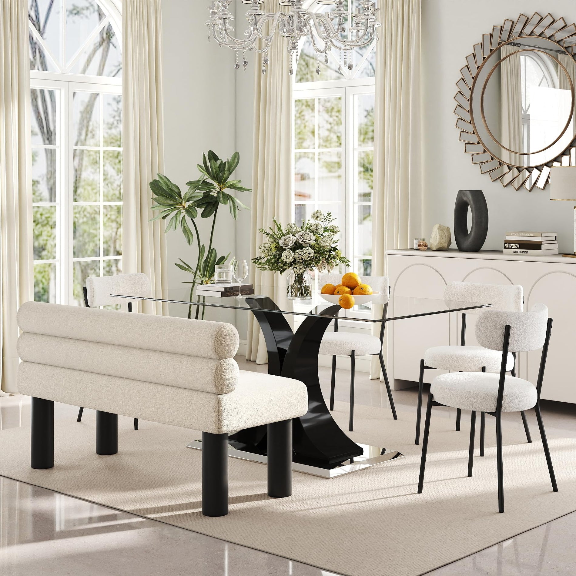 Glass Dining Table Set with Bouclé Chairs & Bench