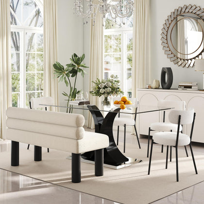 Glass Dining Table Set with Bouclé Chairs & Bench