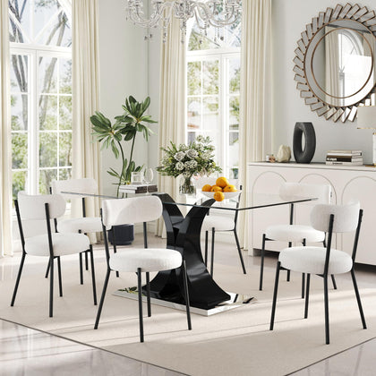 Glass Dining Table Set with Bouclé Chairs & Bench