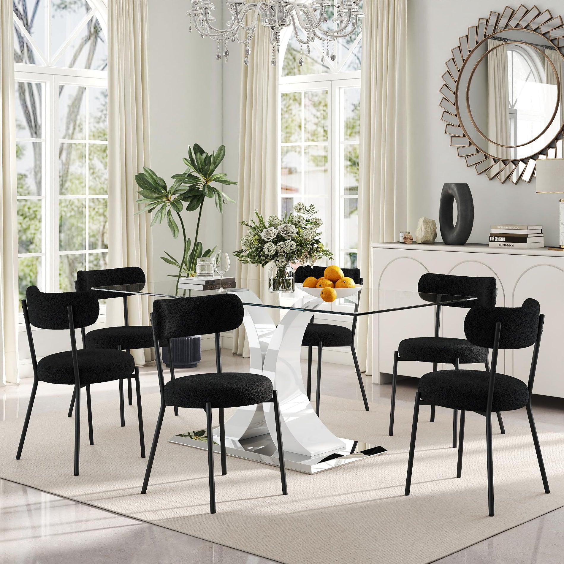 Glass Dining Table Set with Bouclé Chairs & Bench
