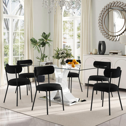 Glass Dining Table Set with Bouclé Chairs & Bench