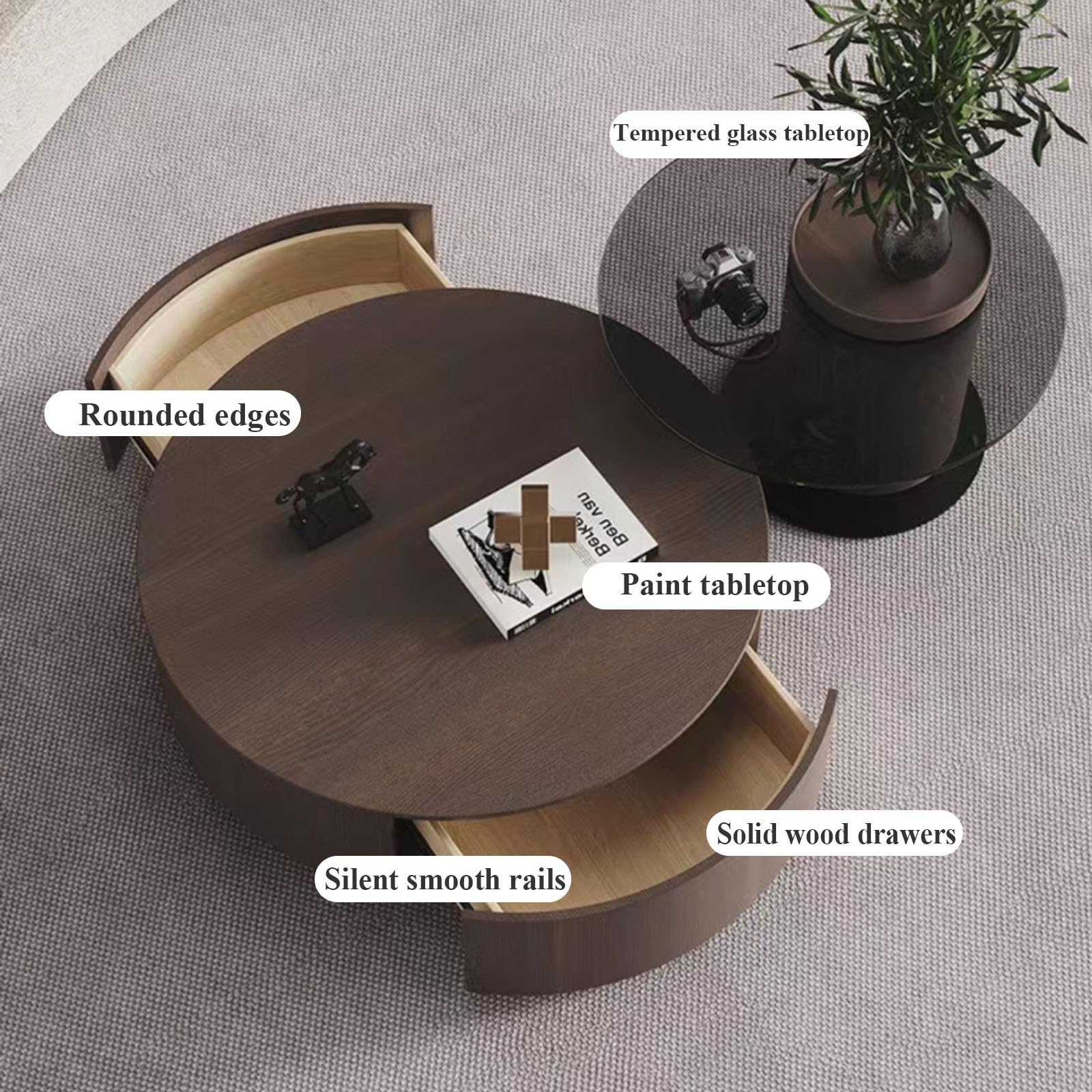 Solid Wood Coffee Table Set with Tempered Glass Top & Side Table