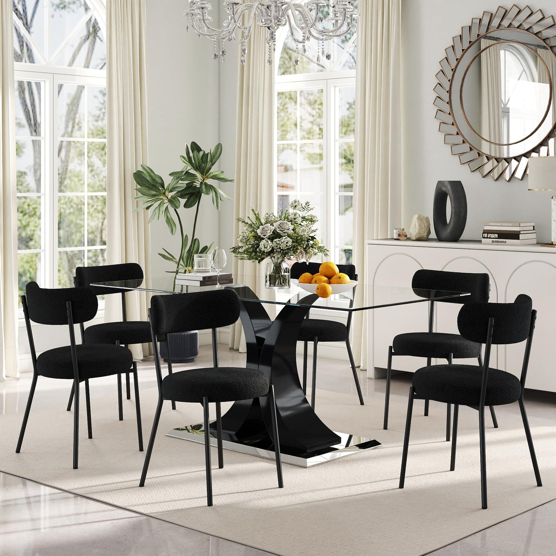 Glass Dining Table Set with Bouclé Chairs & Bench