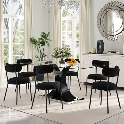 Glass Dining Table Set with Bouclé Chairs & Bench