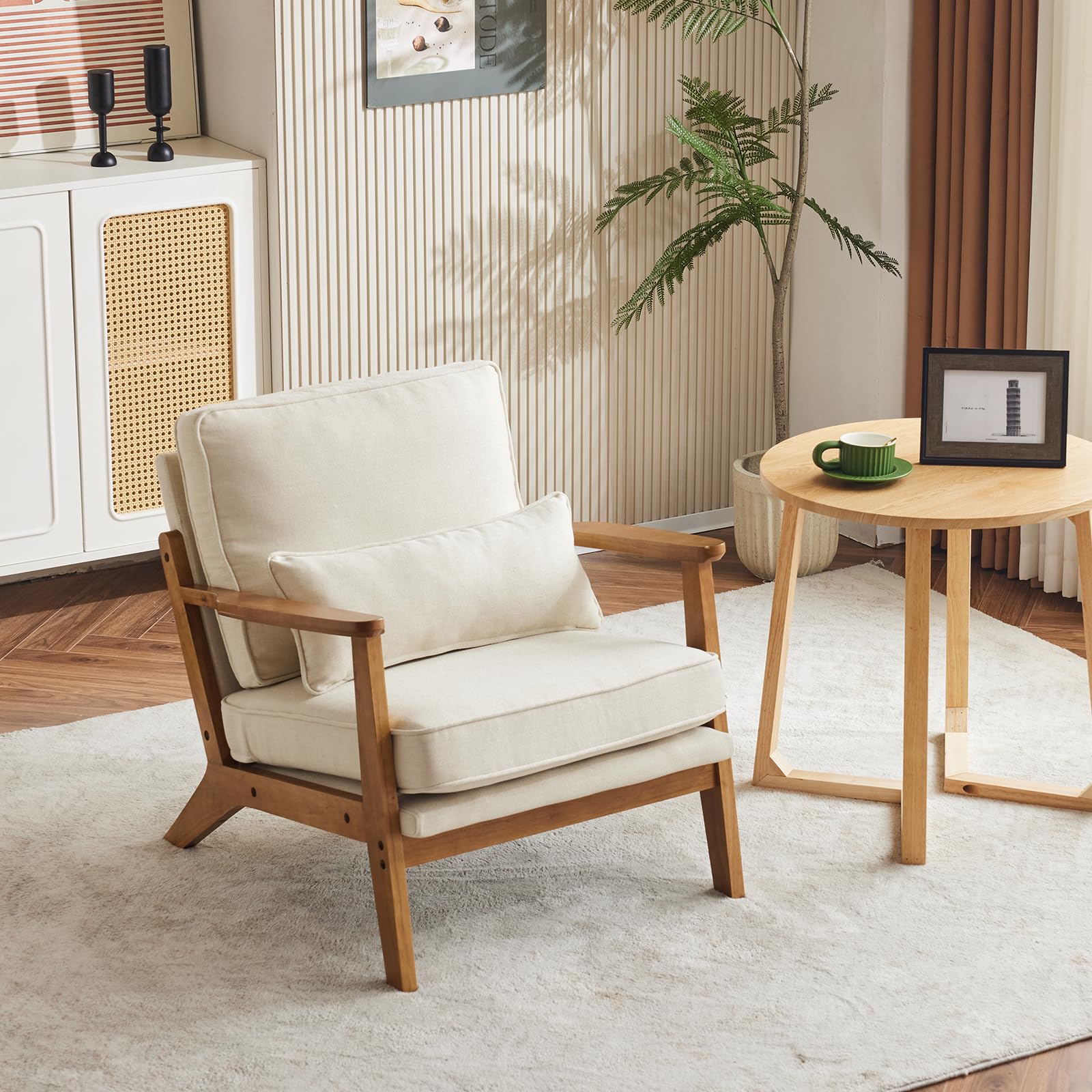 Mid-Century Accent Chair with Solid Wood Armrests