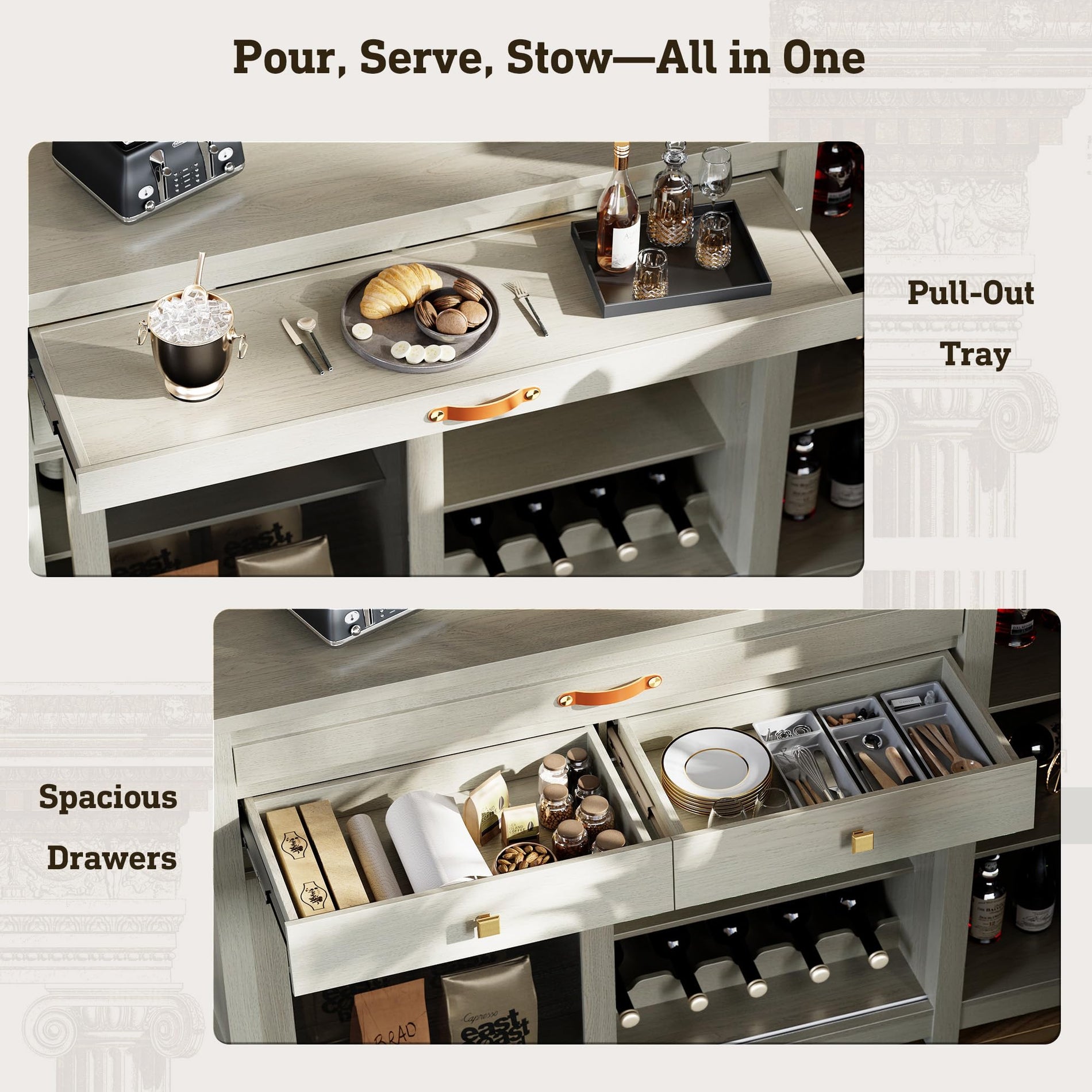 Coffee Bar Cabinet with Fridge Space, Wine Rack & Storage