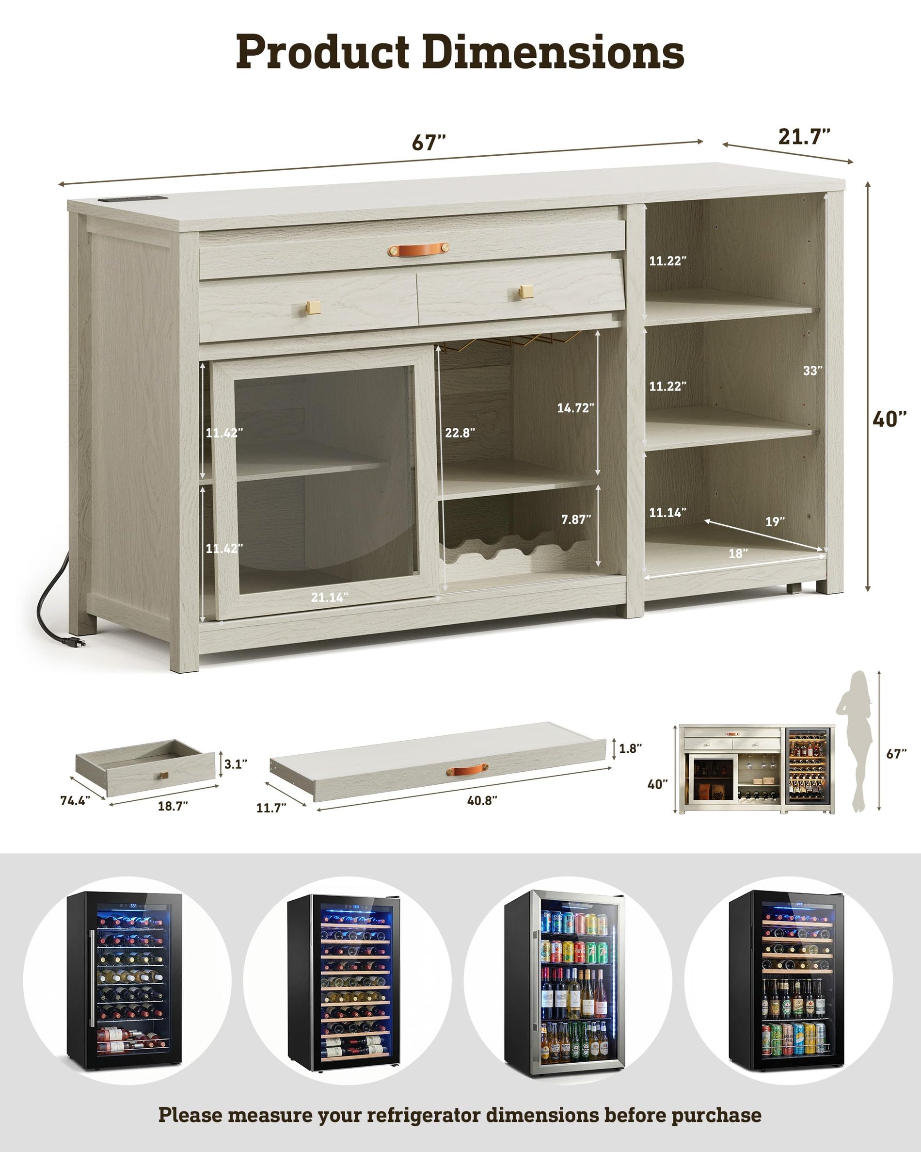 Coffee Bar Cabinet with Fridge Space, Wine Rack & Storage