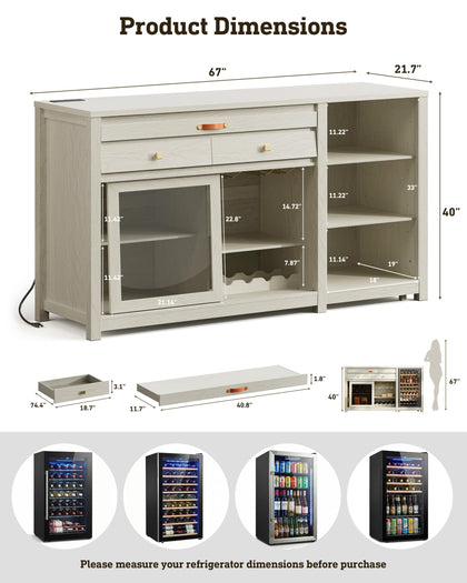 Coffee Bar Cabinet with Fridge Space, Wine Rack & Storage