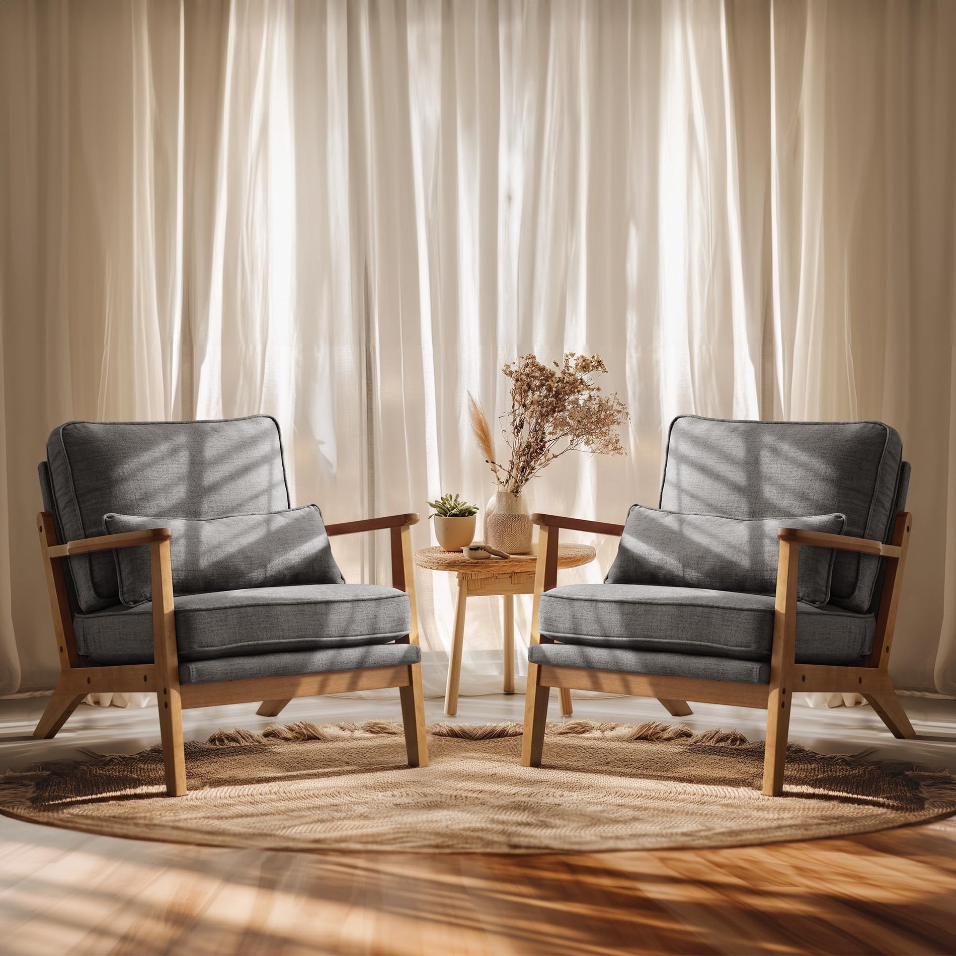 Mid-Century Accent Chair with Solid Wood Armrests