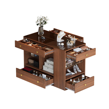 Closet Island with Glass Top, 6 Drawers & Open Shelves