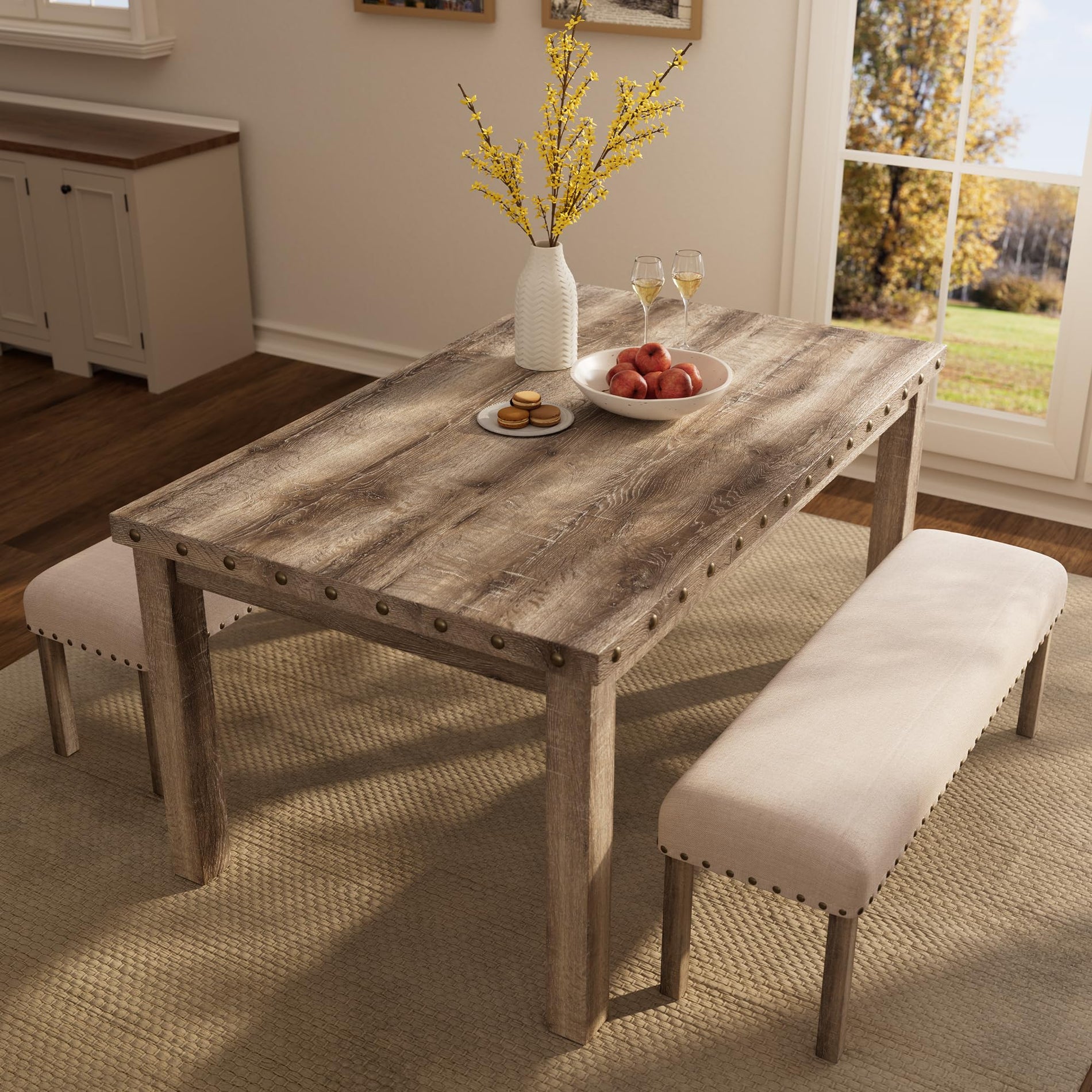Farmhouse Dining Table Set with 4 Chairs & Bench