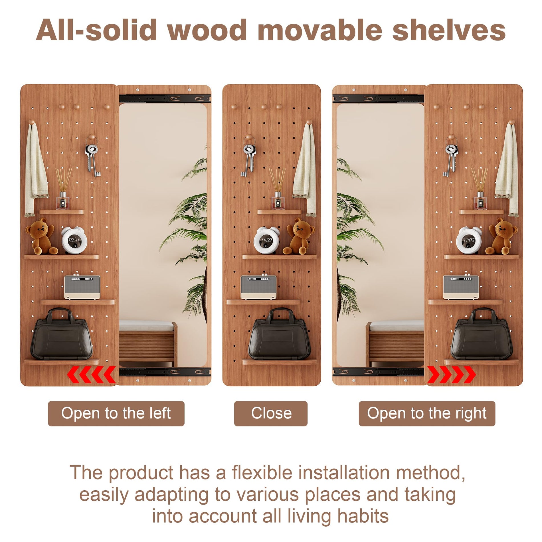 Wall-Mounted Full-Length Mirror with Shelves & Hooks