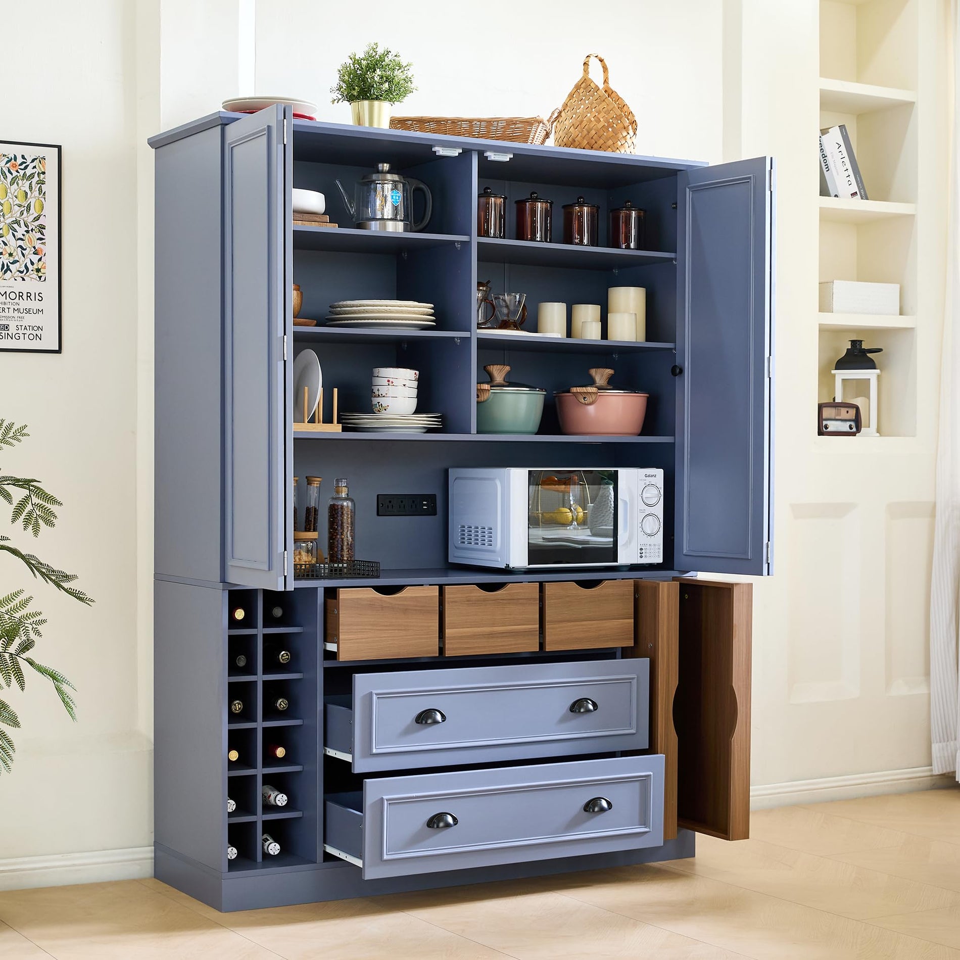 Farmhouse Pantry Cabinet with Pull-Out Trays & Drawers