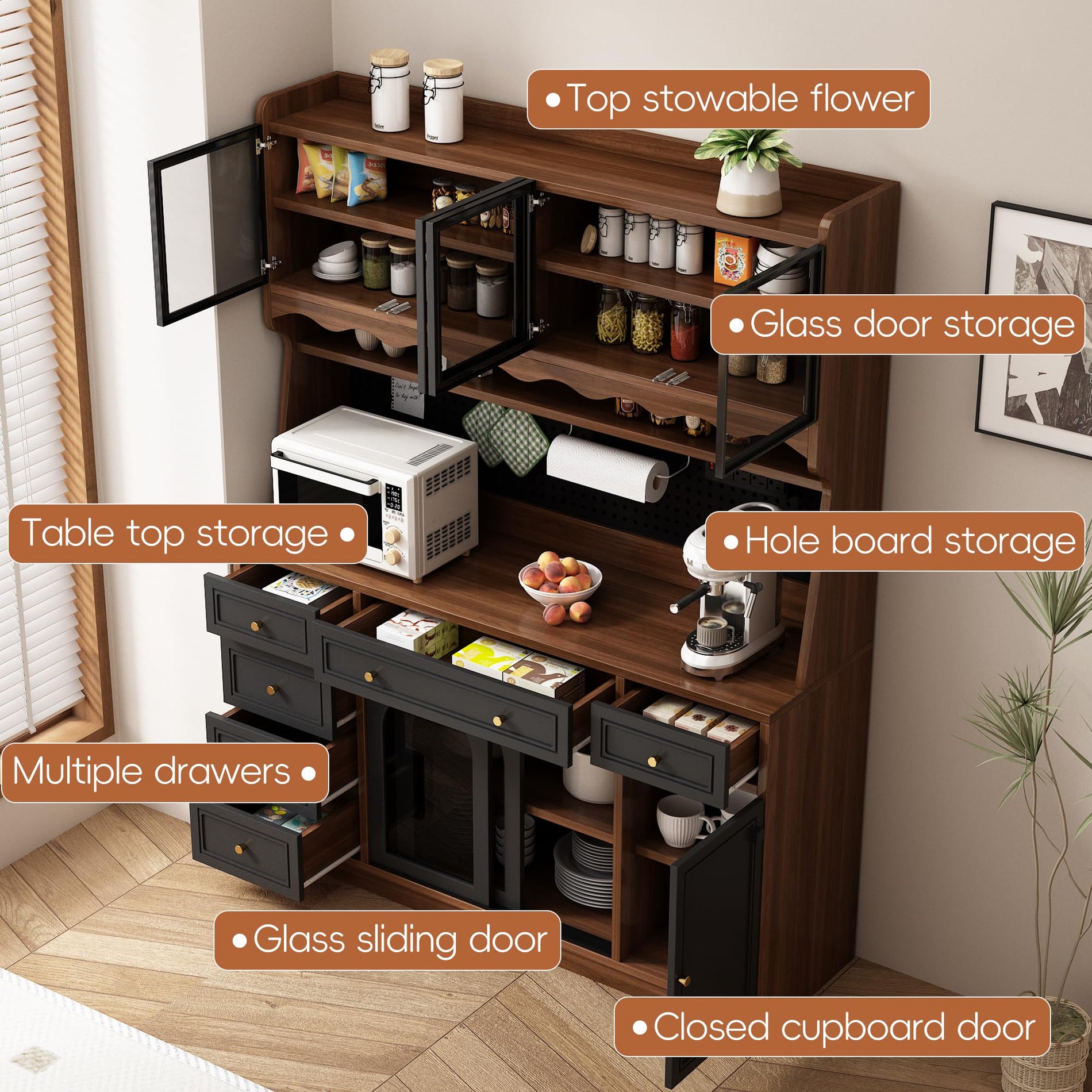 Buffet Cabinet with Hutch, Power Outlet & Storage