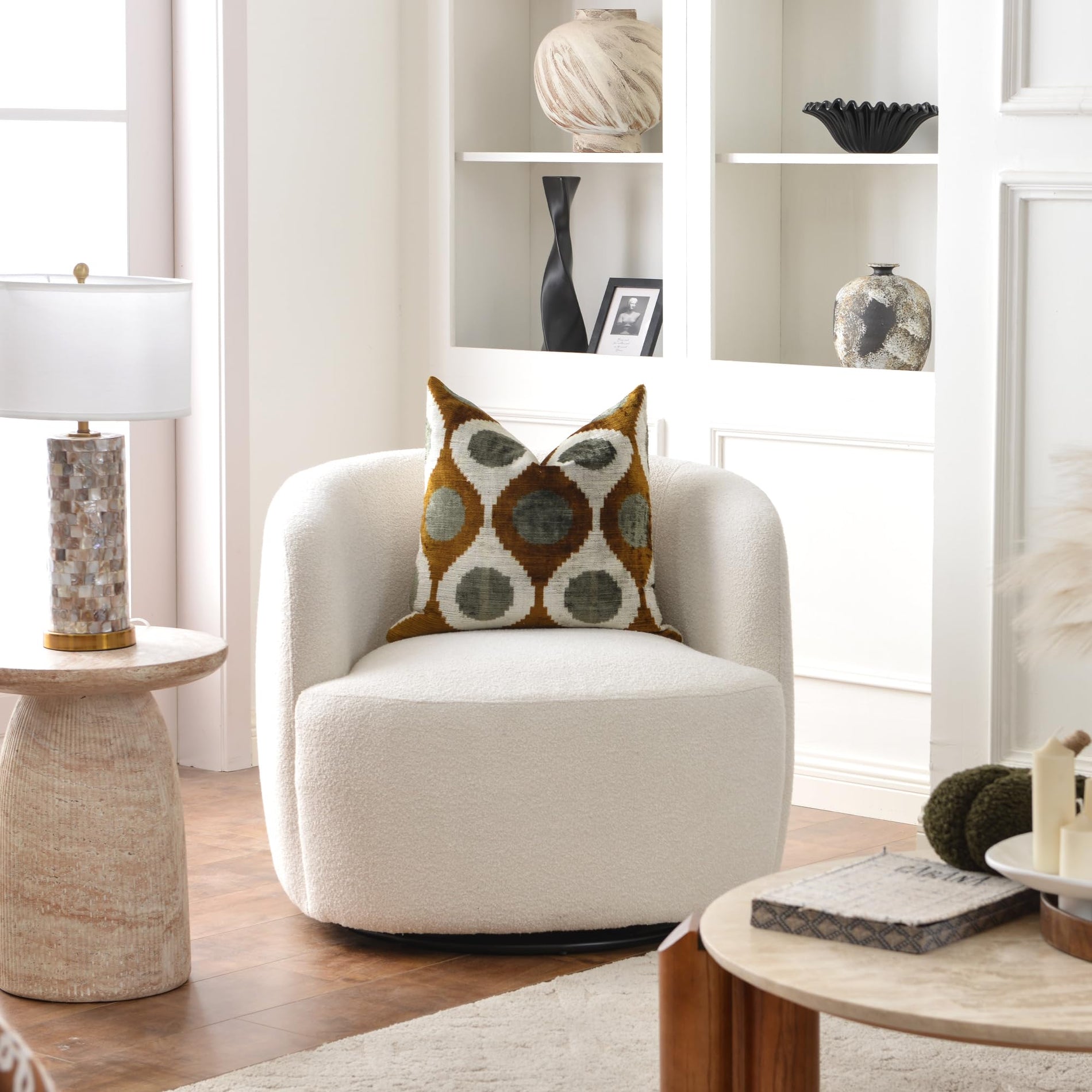 Bouclé Swivel Barrel Chairs Set of 2