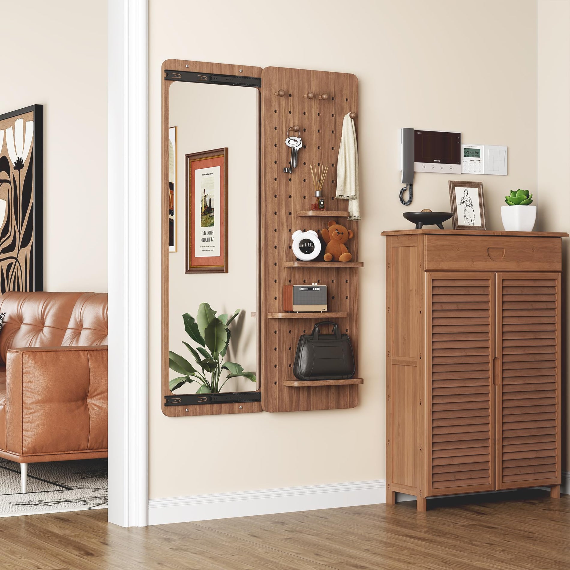 Wall-Mounted Full-Length Mirror with Shelves & Hooks