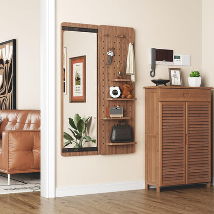 Wall-Mounted Full-Length Mirror with Shelves & Hooks