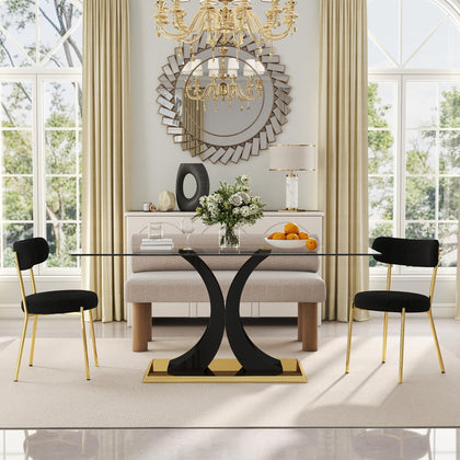Glass Dining Table Set with Bouclé Chairs & Bench