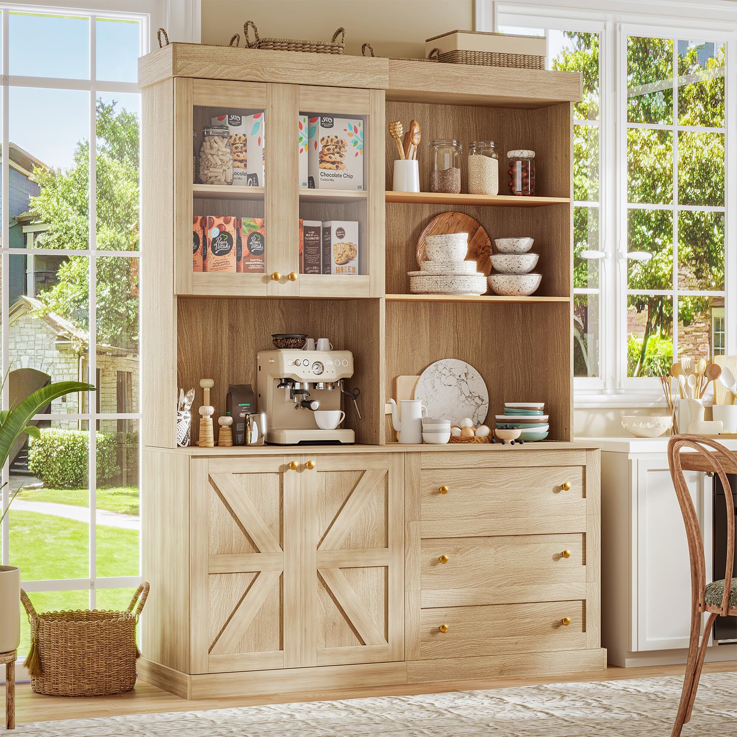 Farmhouse Pantry Cabinet with Glass Doors