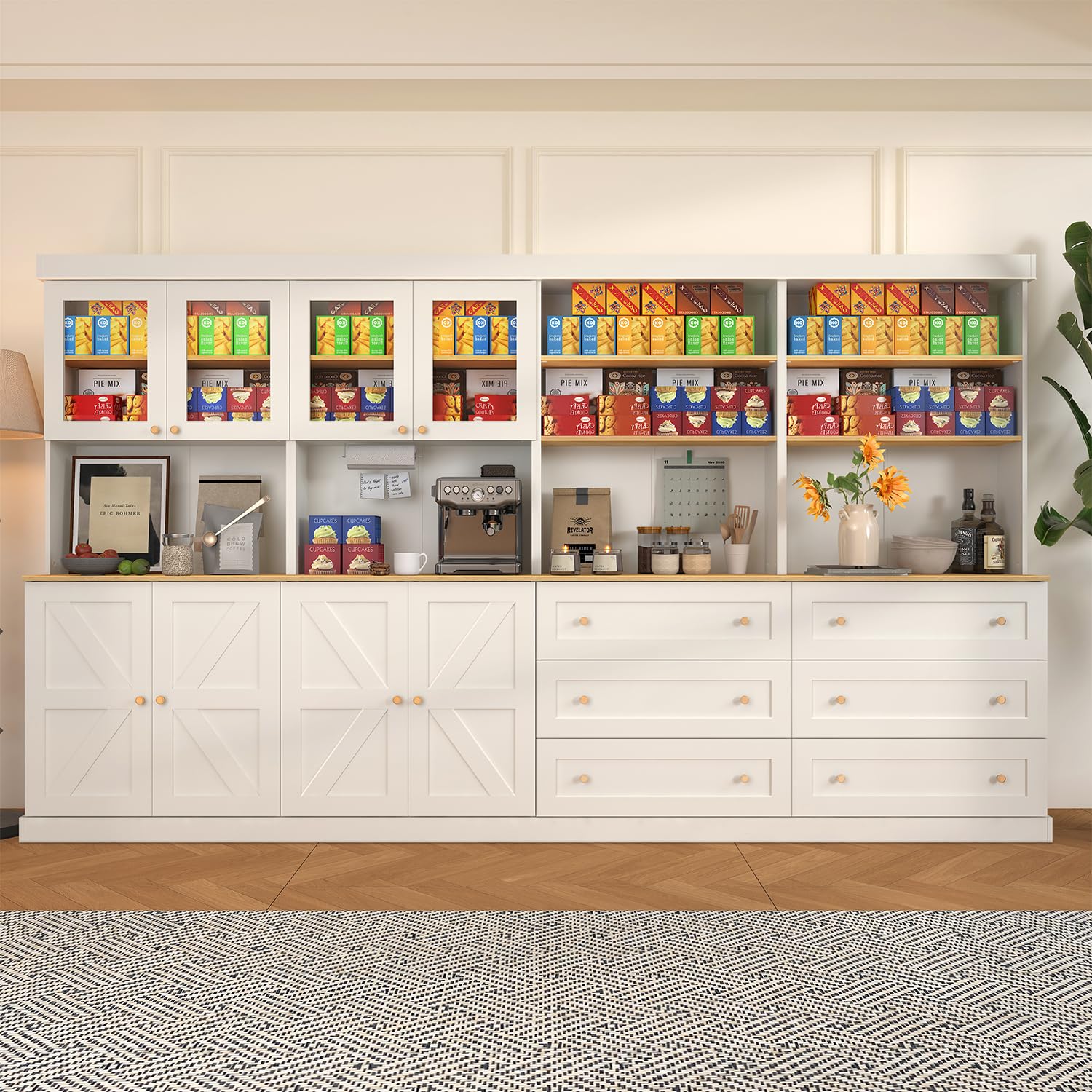 Farmhouse Pantry Cabinet with Glass Doors