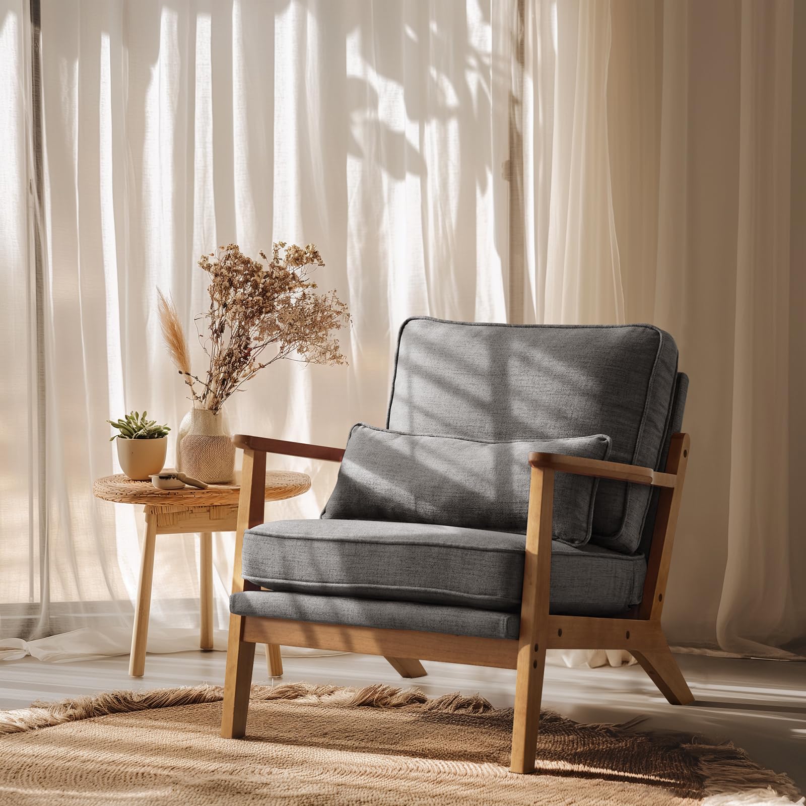 Mid-Century Accent Chair with Solid Wood Armrests