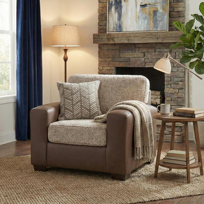 Leather Accent Chair & Ottoman Set with Sherpa Cushion