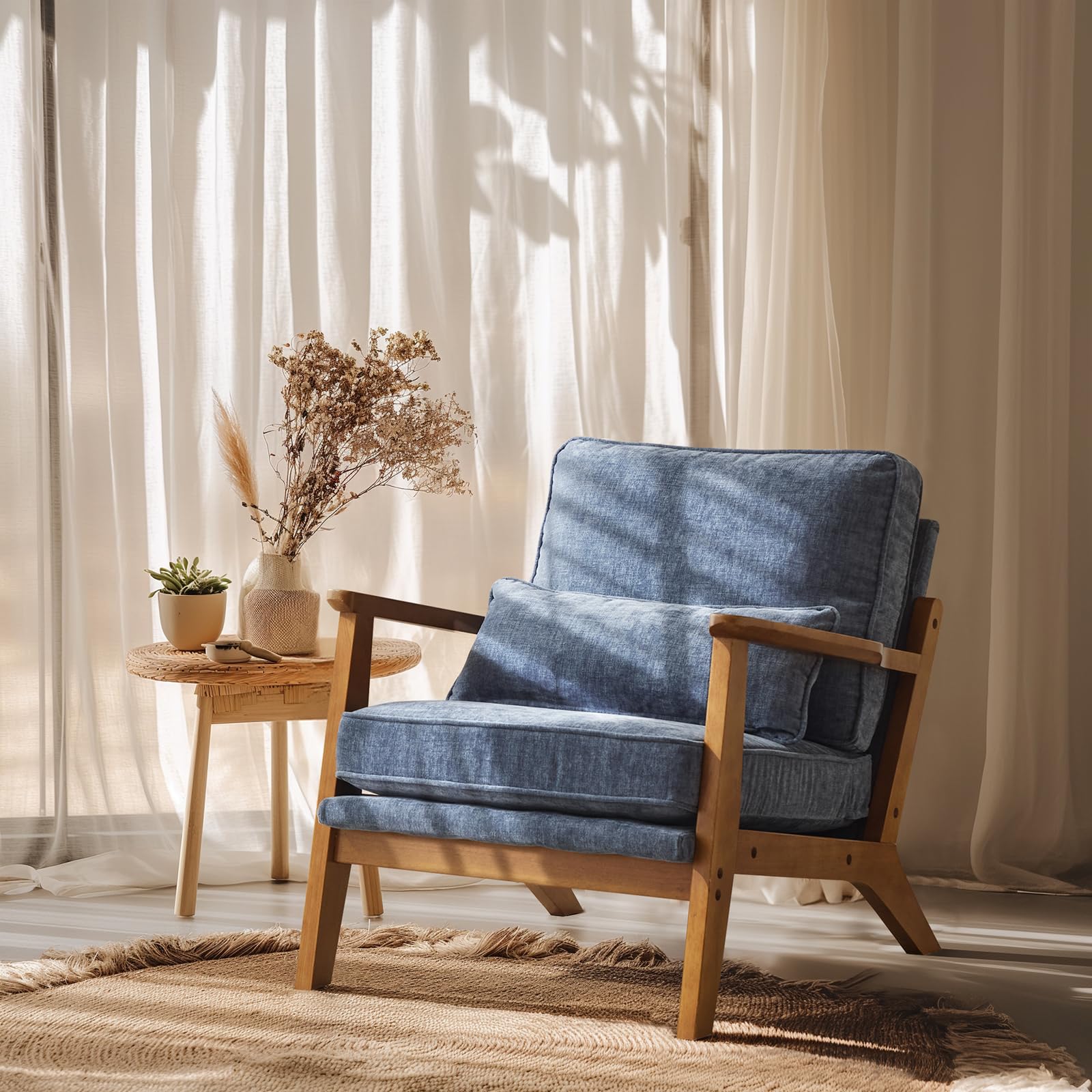Mid-Century Accent Chair with Solid Wood Armrests