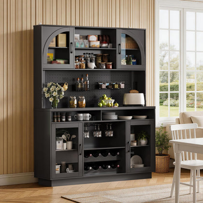 Kitchen Pantry Cabinet with Charging Station, LED Lights & Wine Rack