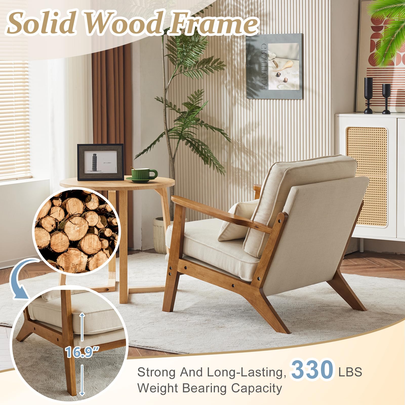 Mid-Century Accent Chair with Solid Wood Armrests