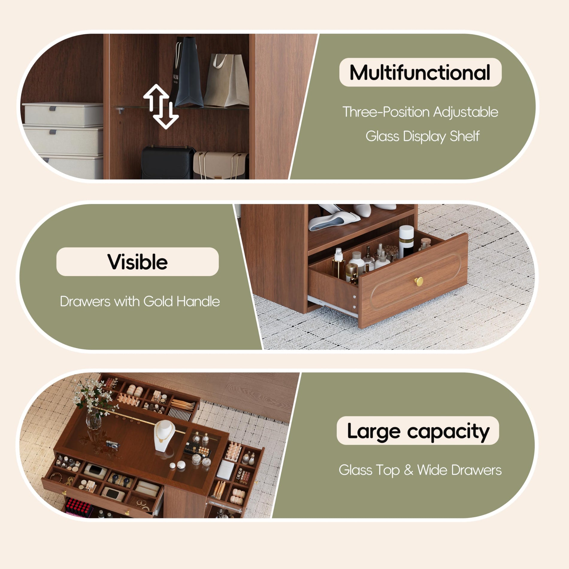 Closet Island with Glass Top, 6 Drawers & Open Shelves