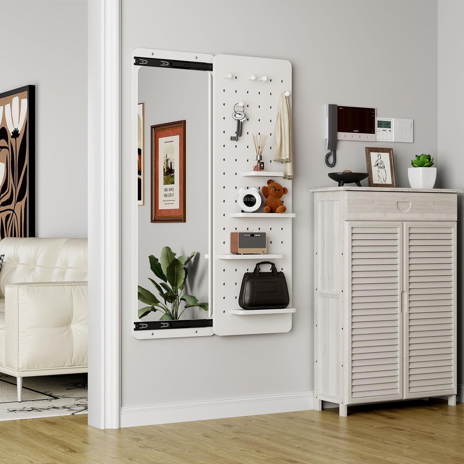 Wall-Mounted Full-Length Mirror with Shelves & Hooks