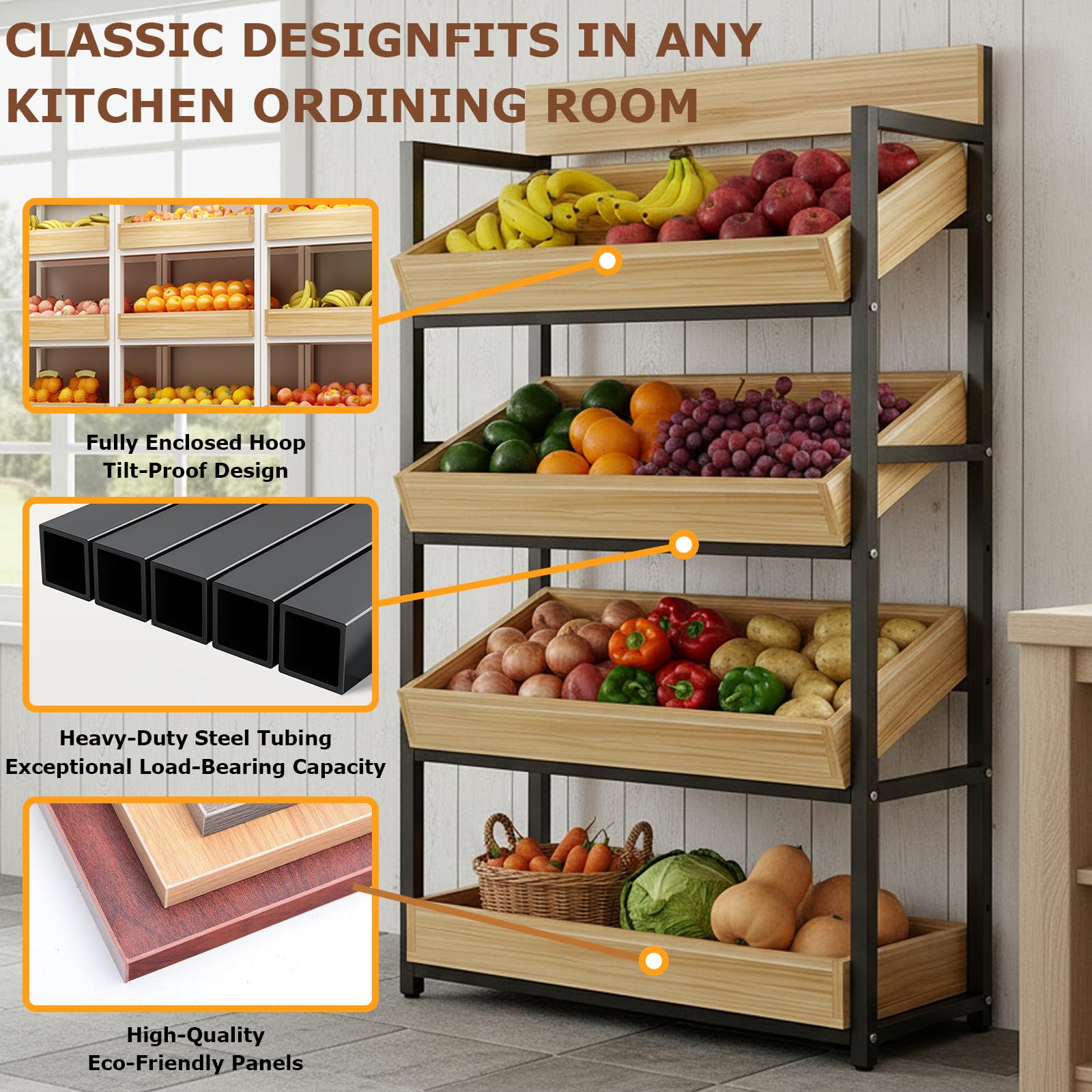 3-Tier Wood Fruit & Vegetable Storage Rack