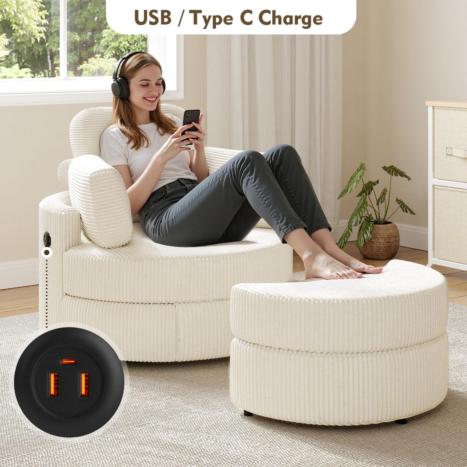 MEISSALIVVE Swivel Accent Chair with Half Moon Ottoman