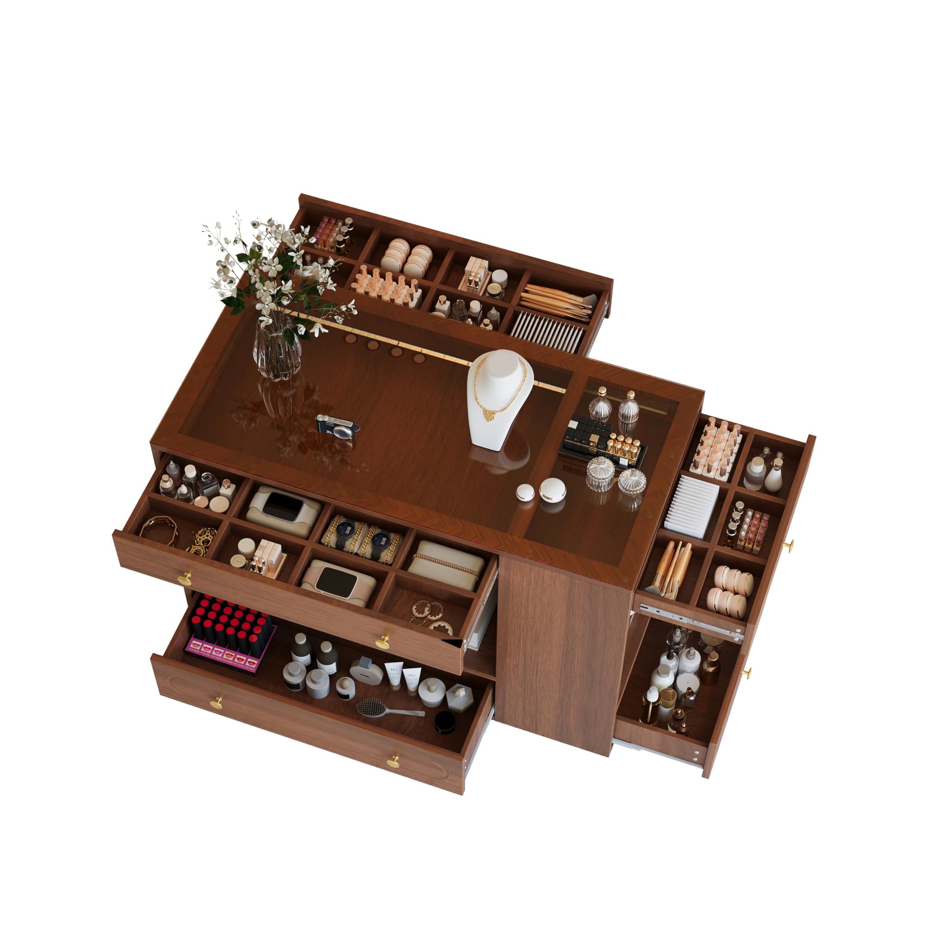 Closet Island with Glass Top, 6 Drawers & Open Shelves