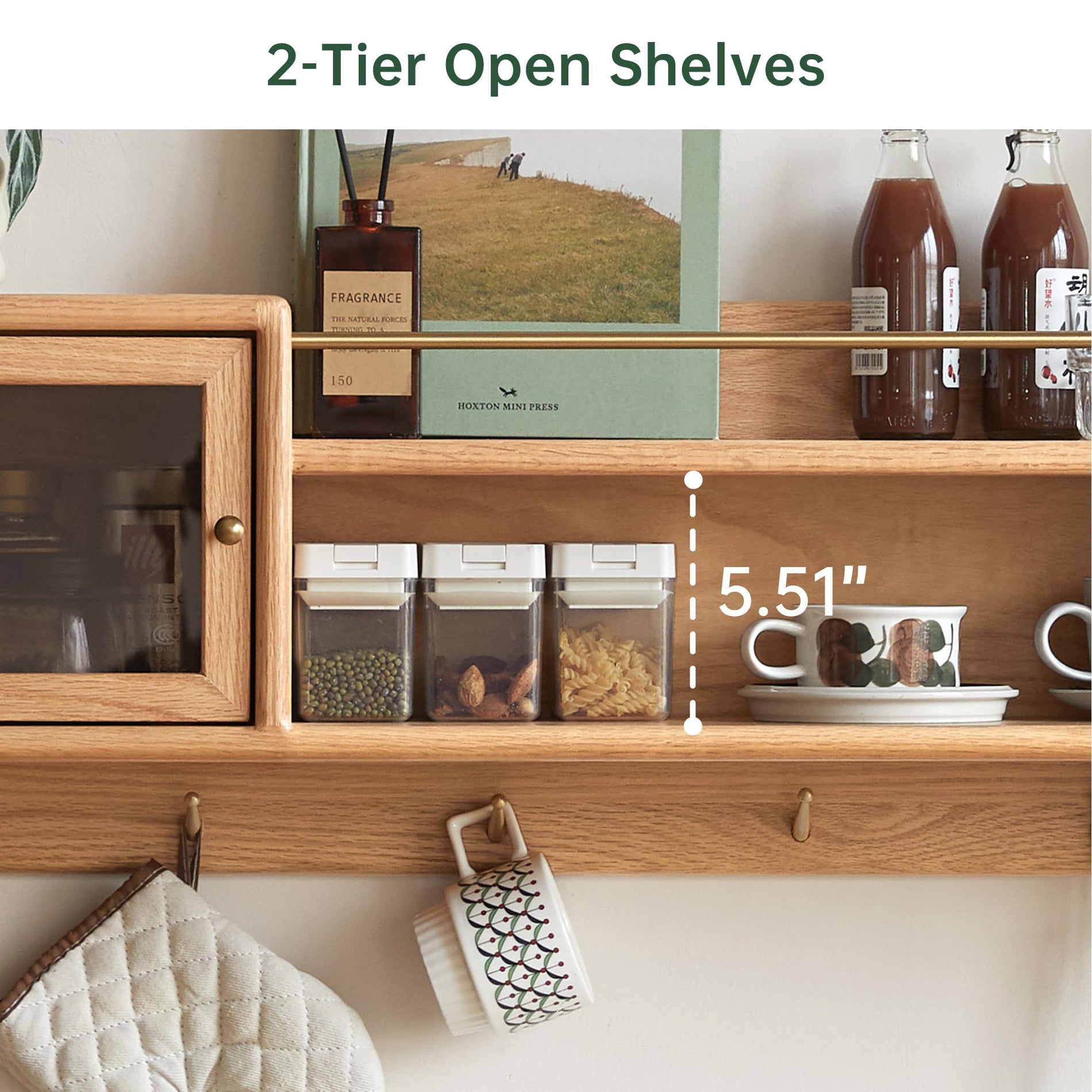 Solid Wood Wall Cabinet with Glass Doors & Hooks