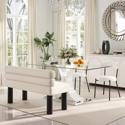 Glass Dining Table Set with Bouclé Chairs & Bench