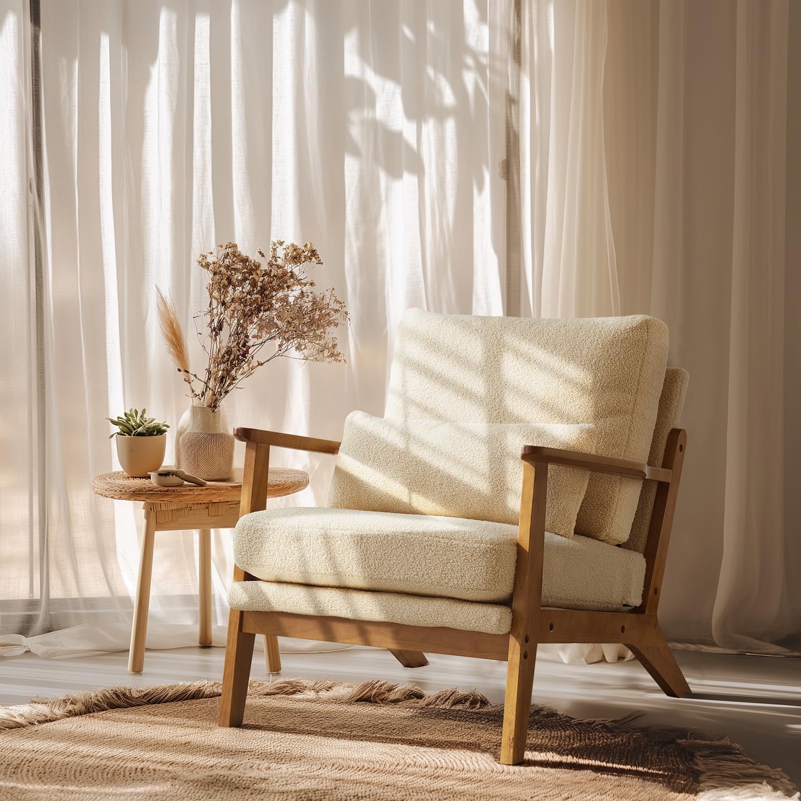 Mid-Century Accent Chair with Solid Wood Armrests