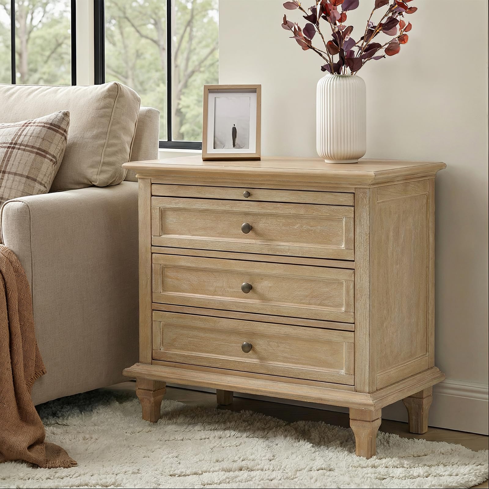 Farmhouse End Table with Charging Station & 3 Drawers
