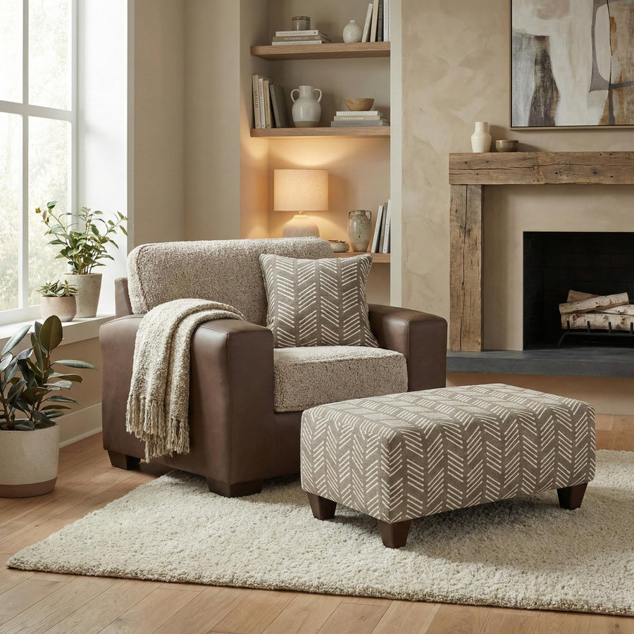 Leather Accent Chair & Ottoman Set with Sherpa Cushion