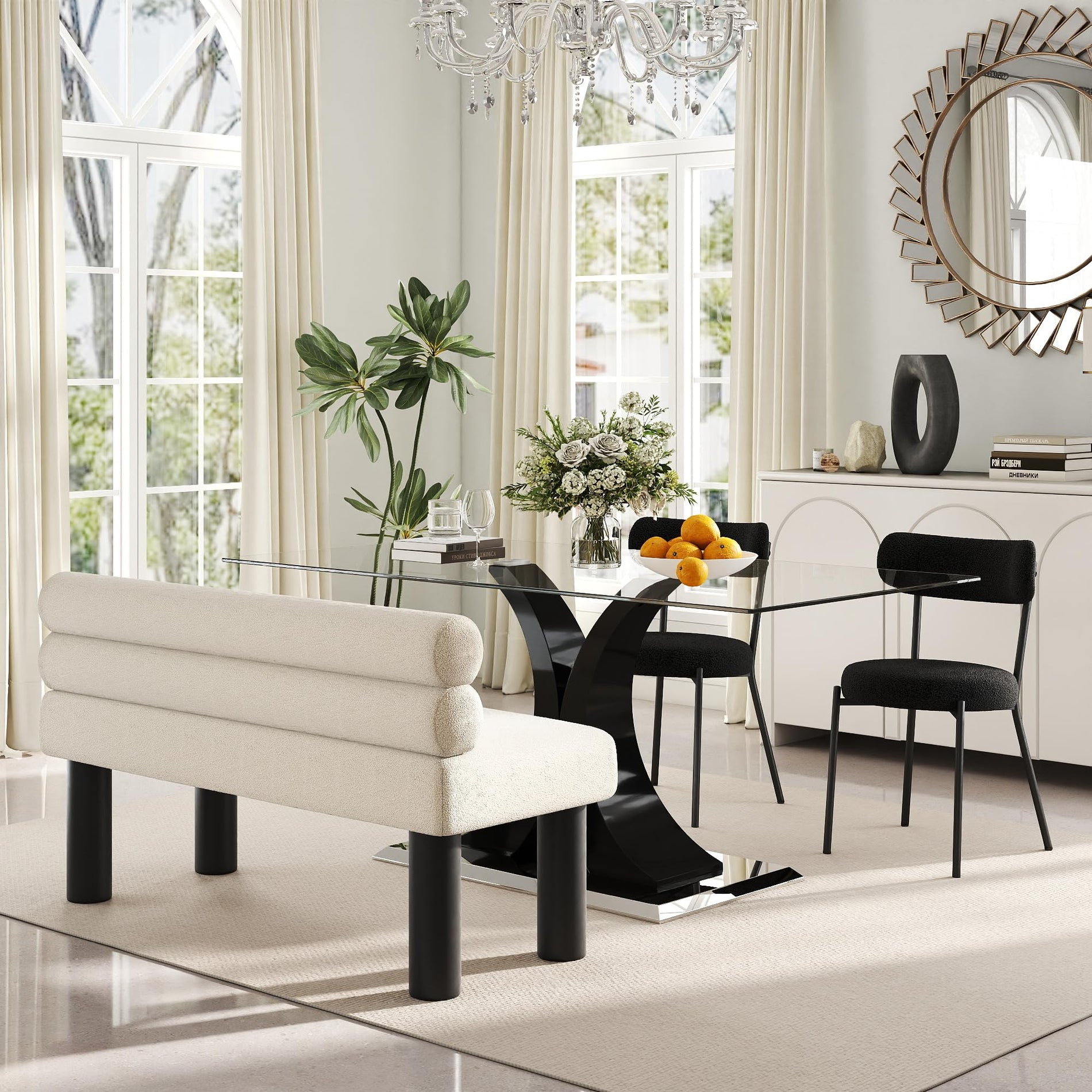Glass Dining Table Set with Bouclé Chairs & Bench